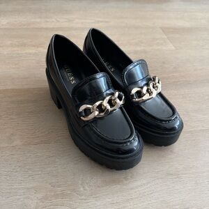 Guess Black Platform Loafers with Gold Chain